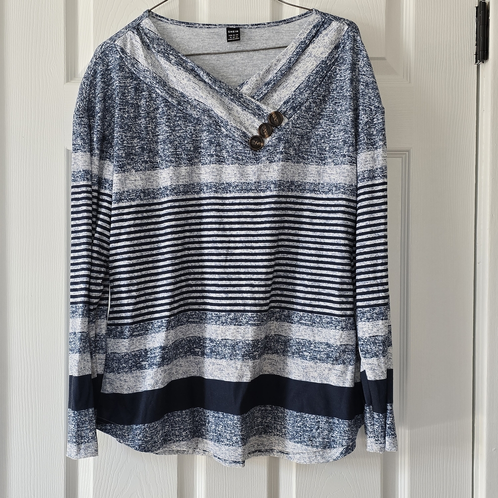 Blue and White Striped V-Neck Top Size XL - Picture 1 of 8